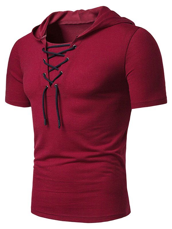 

Lace Up Hooded Short Sleeve T Shirt, Red wine