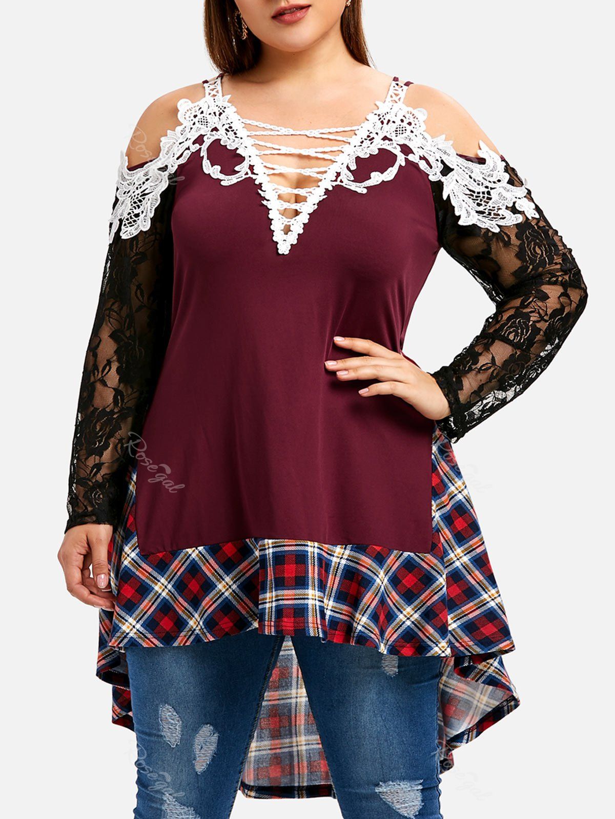 

Plus Size Criss Cross Patchwork Plaid High Low T-shirt, Red wine
