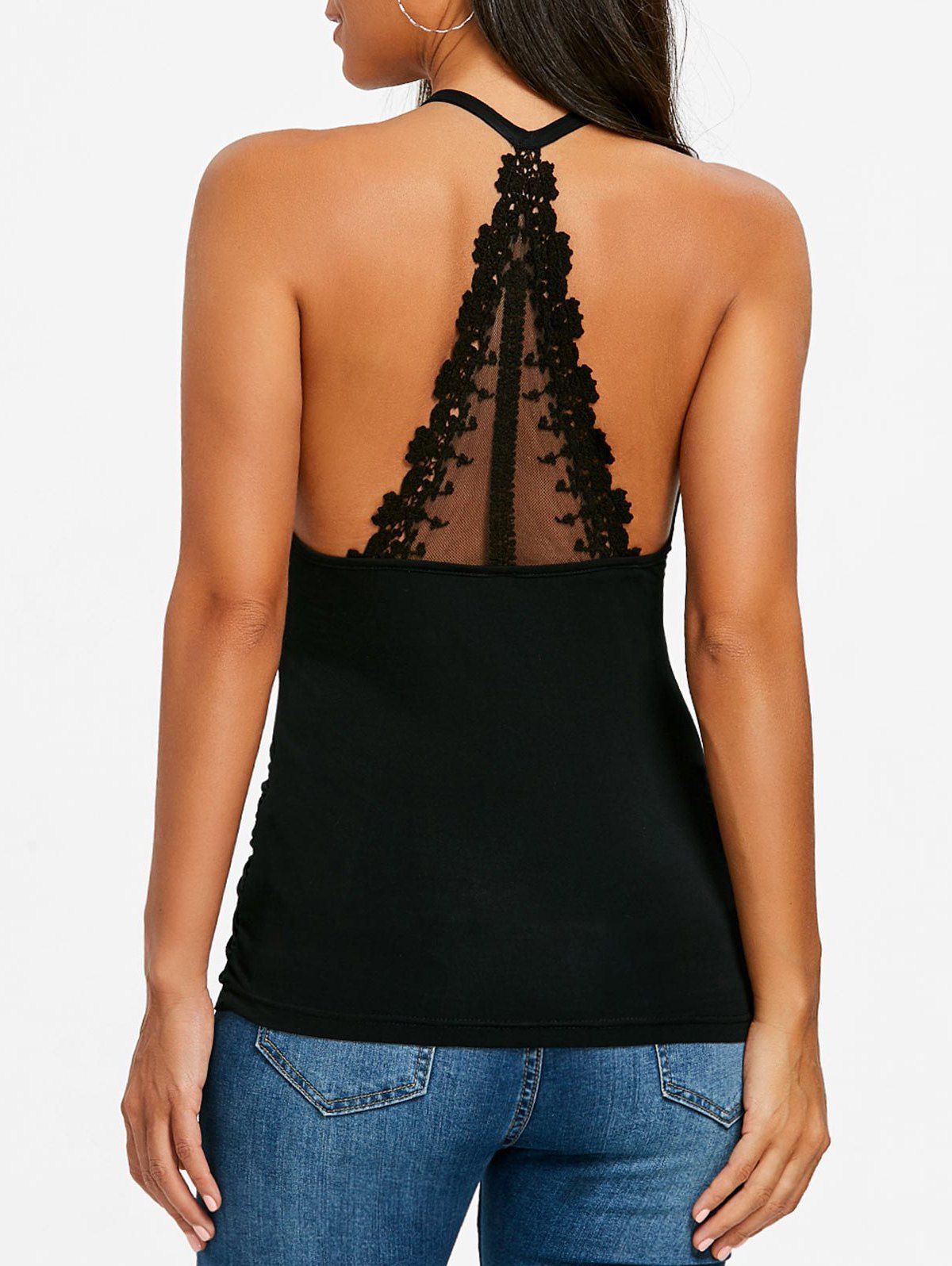 

Lace Panel Round Neck Tank Top, Black