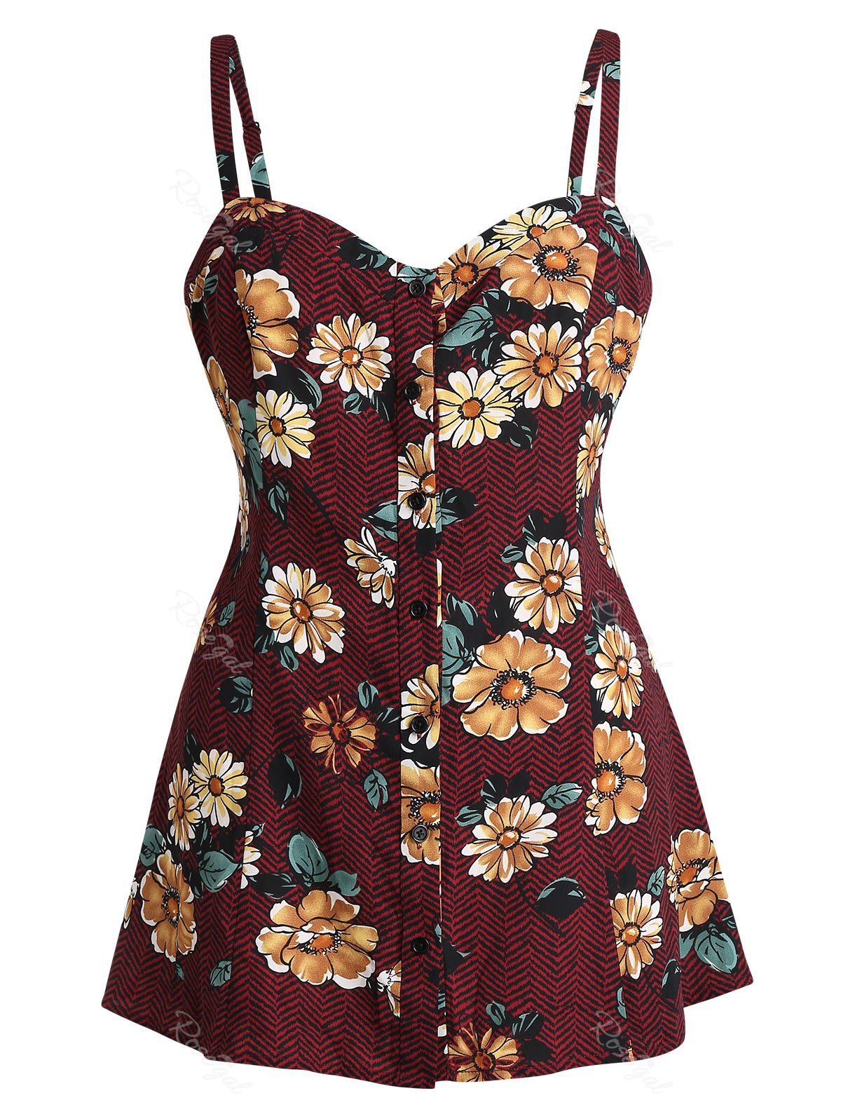 

Plus Size Floral Button Up Tank Top, Red wine