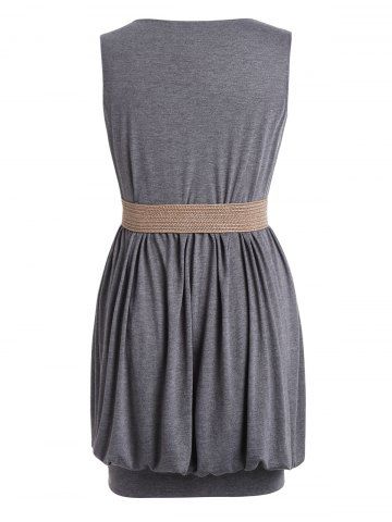 

Plus Size Plunge Belted Mini Blouson Dress, Gray
