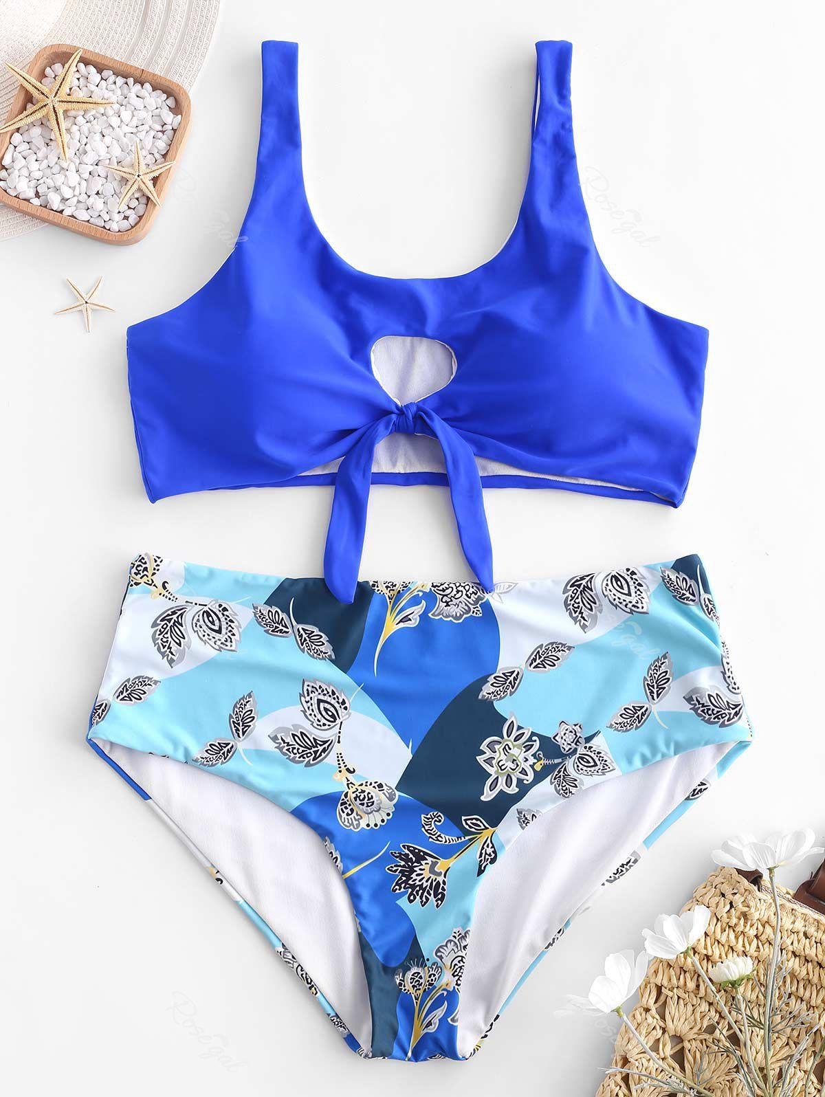 

Plus Size Cut Out Printed Knotted Bikini Set, Ocean blue