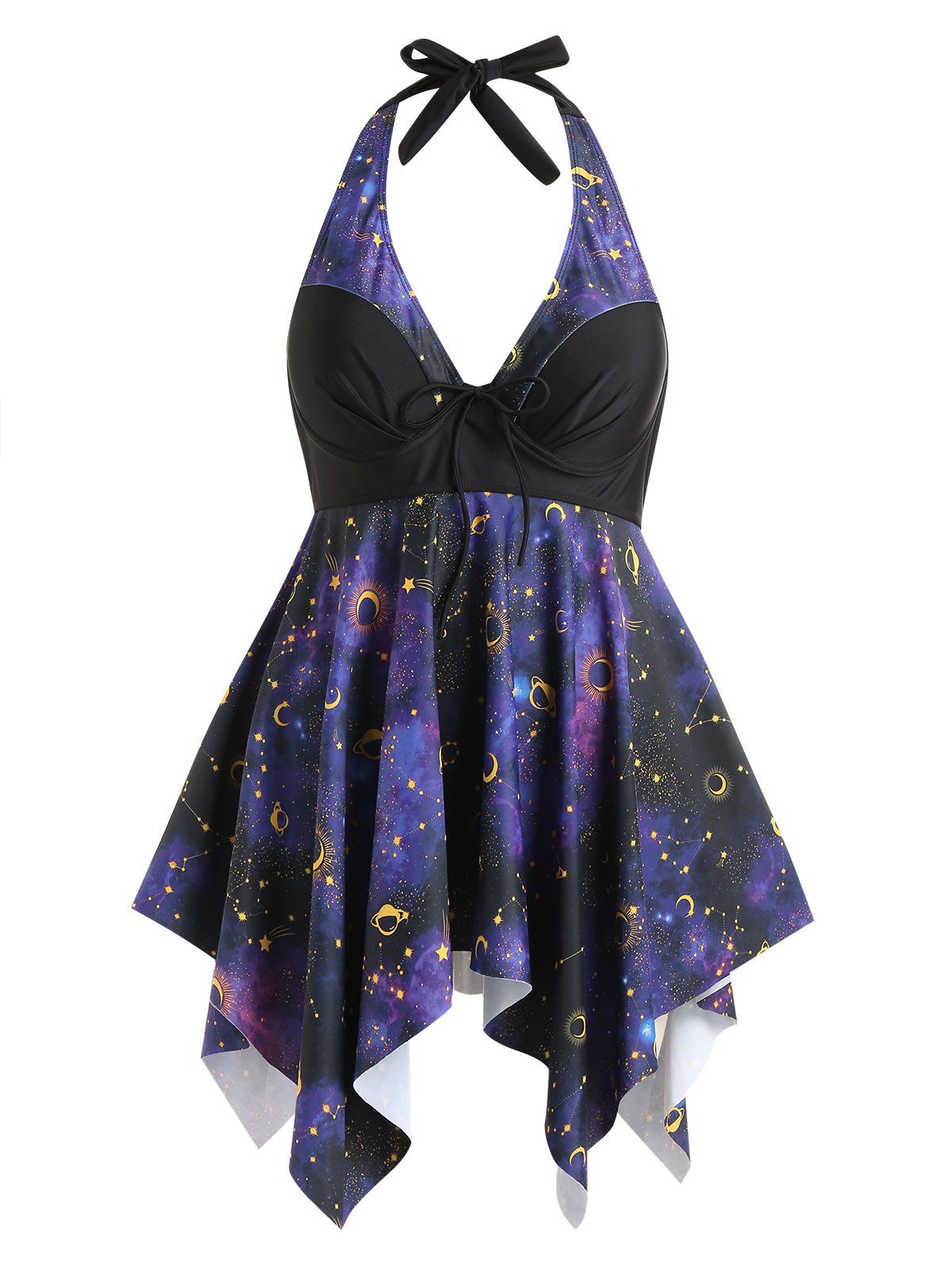 

Plus Size Sun Moon Print Handkerchief Tankini Set, Black