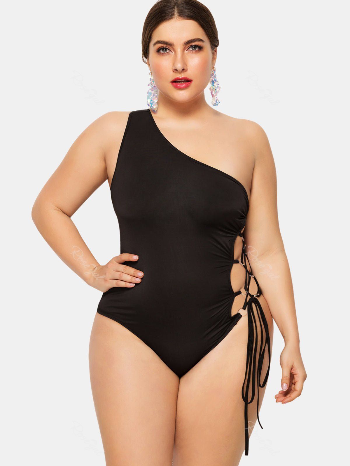 

One Shoulder Padded Plus Size Swimwear, Black