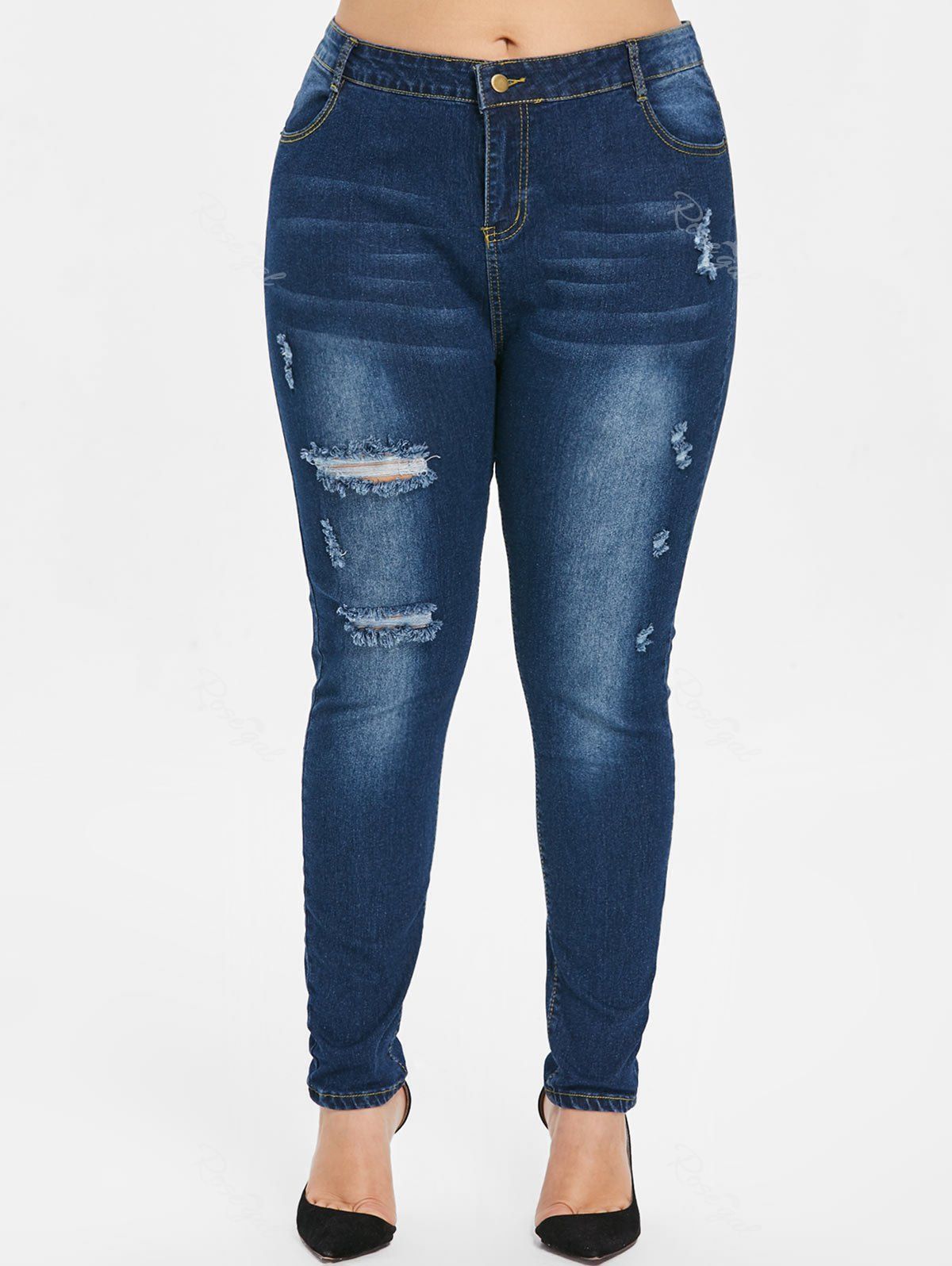 

Dark Wash Distressed Plus Size Jeans, Denim dark blue