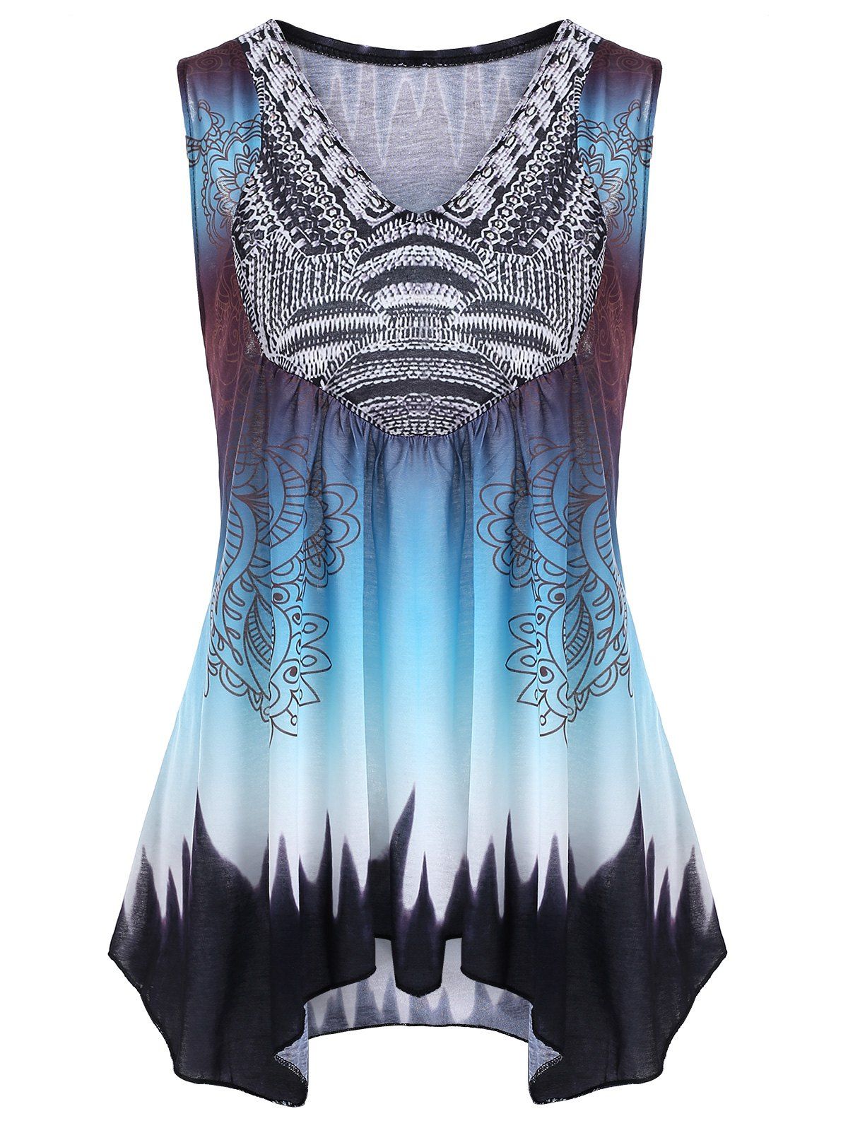 

Asymmetric Ethnic Print Tank Top, Deep sky blue