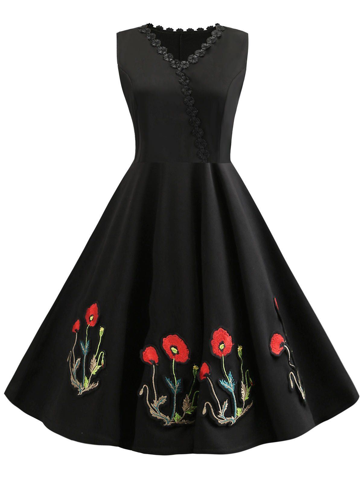 

Floral Embroidery Sleeveless Vintage Dress, Black