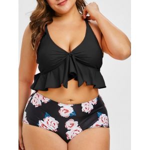 

Plus Size Scale Polka Dot Pineapple Floral Ruffle Bikini Set, Multi a