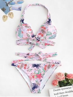 Plus Size Floral Print Criss Cross Bikini Set - LIGHT PINK - L