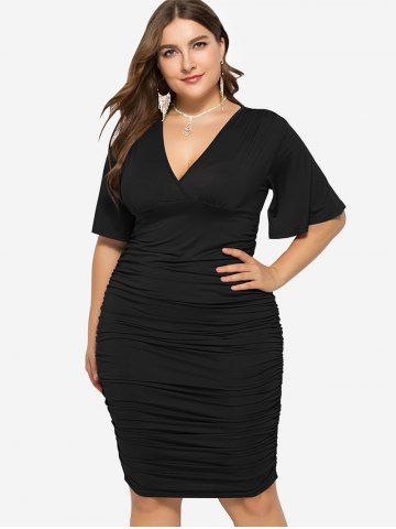 

Plus Size Plunge Ruched Bodycon Dress, Black