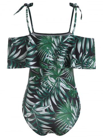 

Leaves Print Cold Shoulder Ruffle Swimsuit, Multi