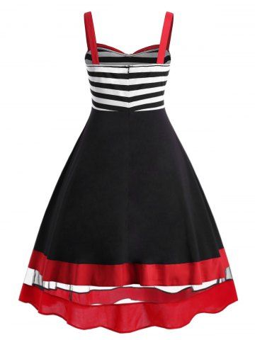 

Bowknot Embellished Plus Size Striped Print A Line Dress, Black