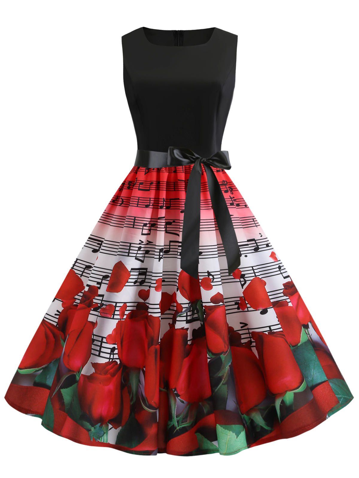 

Rose Print Vintage A Line Dress, Rosso red