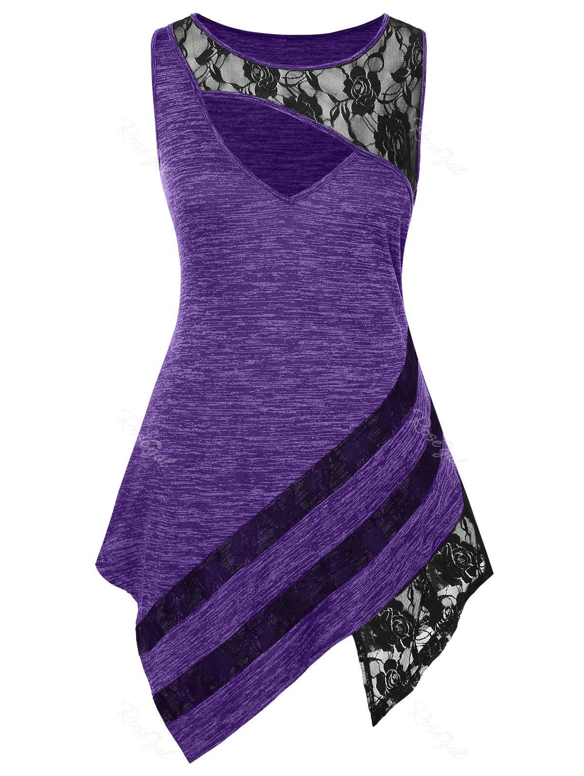 

Plus Size Lace Insert Cut Out Asymmetric Marled Dress, Purple iris