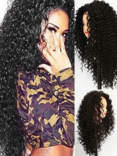 

Long Synthetic Jerry Curl Free Part Wig with Lace Front, Natural black