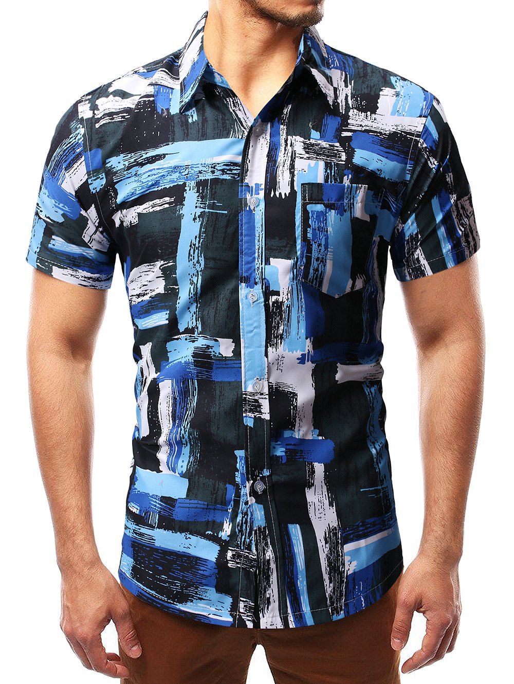 

Irregular Oil Painting Print Short Sleeve Shirt, Sky blue