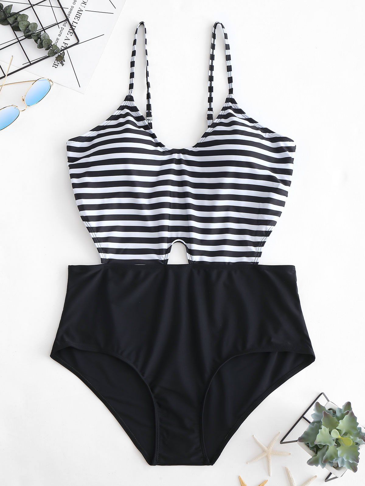 

Cut Out Plus Size Striped Panel One-piece Swimsuit, Black