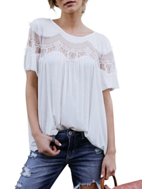 

Eyelash Lace Panel Short Sleeve Tee, White