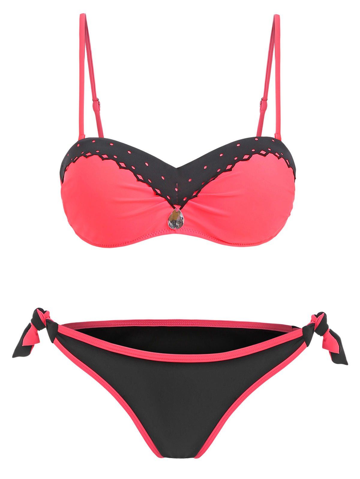 

Rhinestone Color Block Bikini Set, Watermelon pink