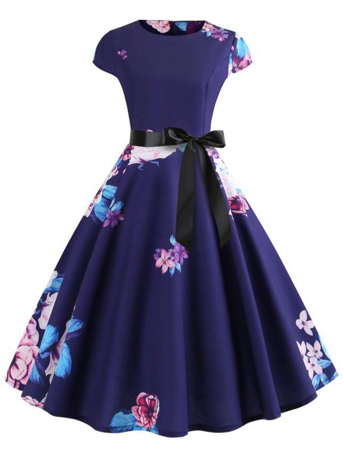 

Vintage Cap Sleeve Floral Print Dress, Lapis blue