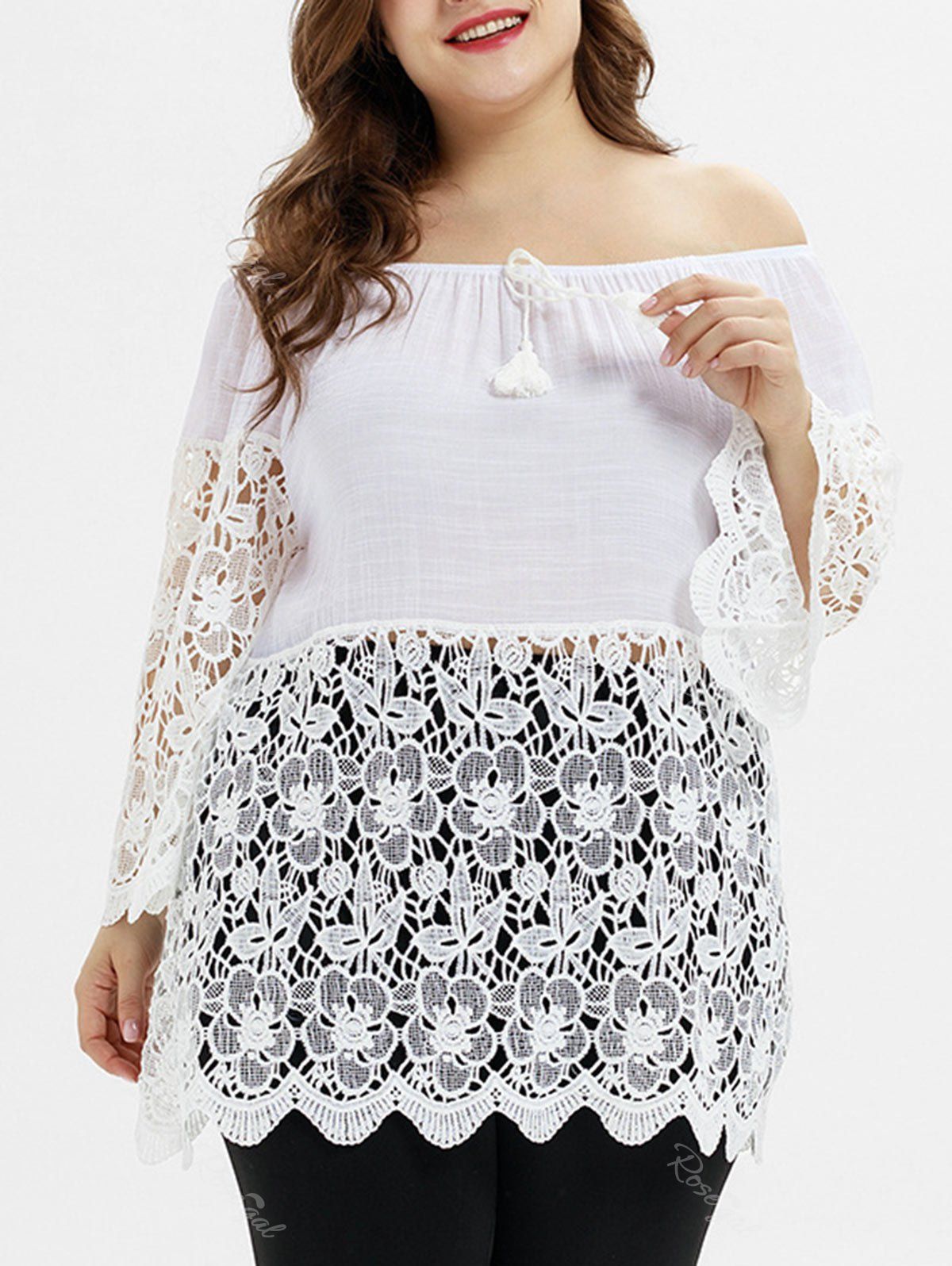 

Plus Size Lace Trim Off The Shoulder Blouse, White