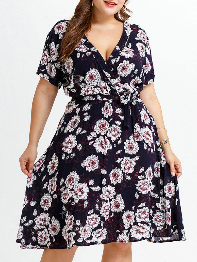 

Plus Size Floral Surplice Dress, Black