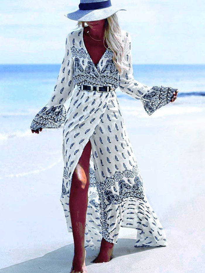 

Flare Sleeve Bohemian Print Wrap Maxi Dress, White