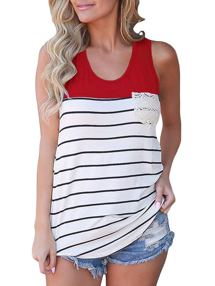 

Stripes Crochet Panel Front Pocket Tank Top, Red