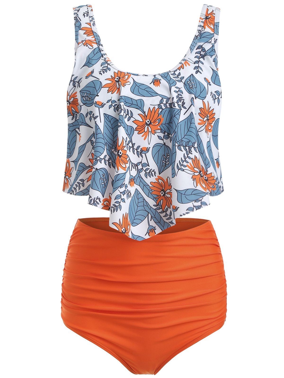 

Floral Print Ruched Tankini Set, Pumpkin orange