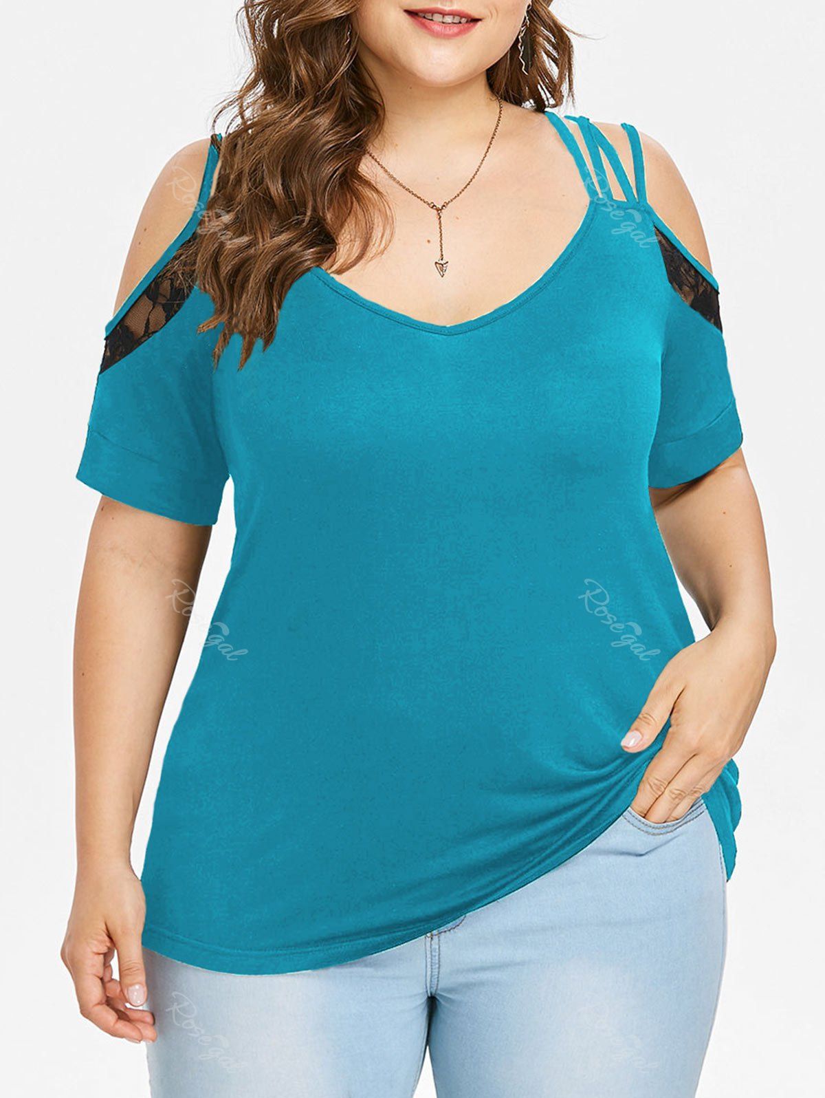 

Plus Size Cold Shoulder Lace Insert T-shirt, Deep sky blue