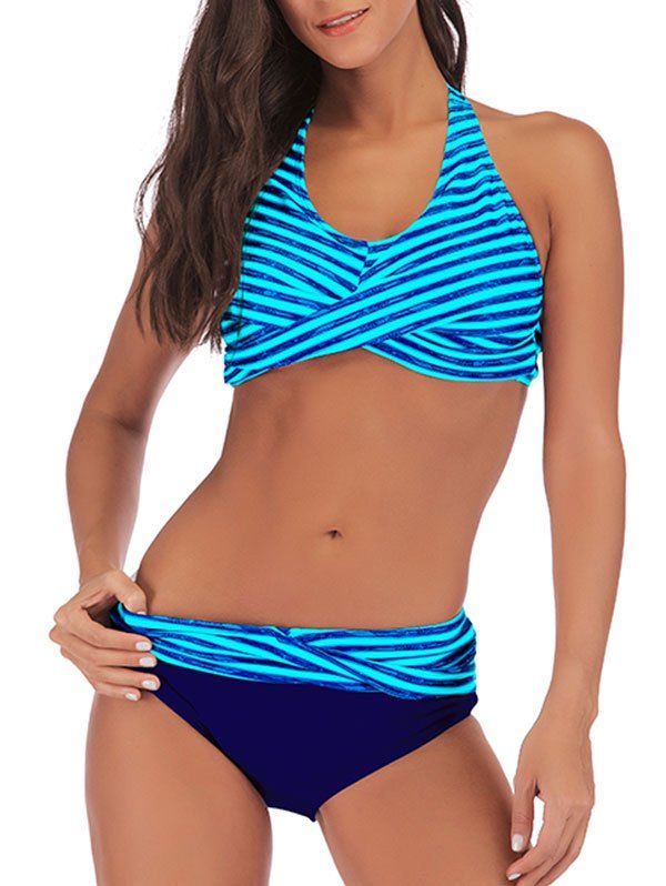 

Halter Striped Front Twist Bikini Set, Dodger blue