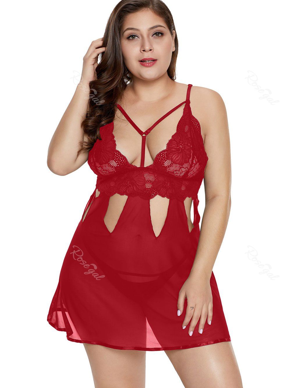 Mesh Plus Size Cut Out Babydoll, Red
