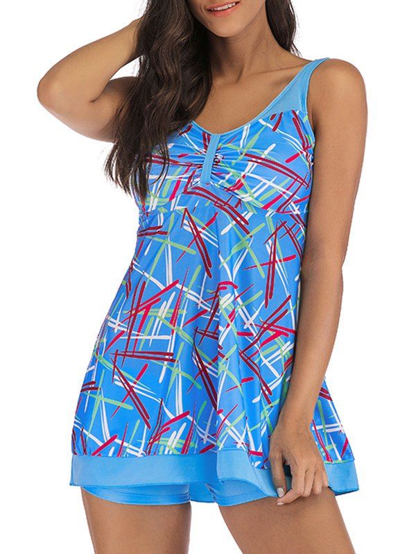 

Geometric Print Empire Waist Tankini Set, Deep sky blue
