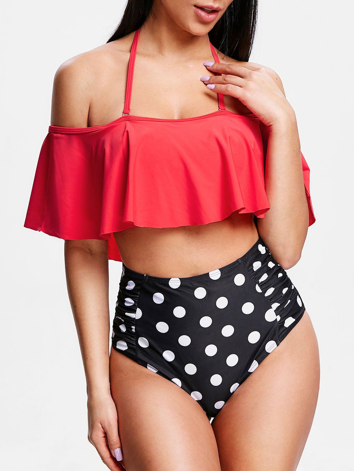 

Halter Polka Dot High Waisted Bikini Set, Red