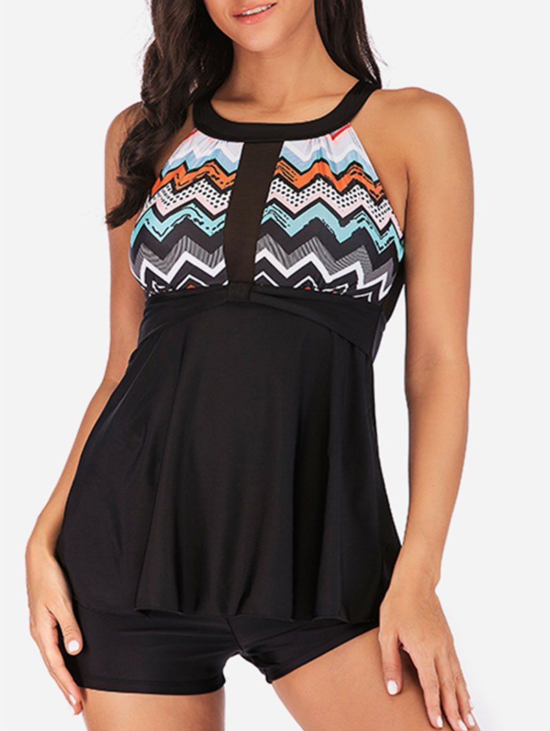 

Zig Zag Mesh Insert Tankini Set, Black