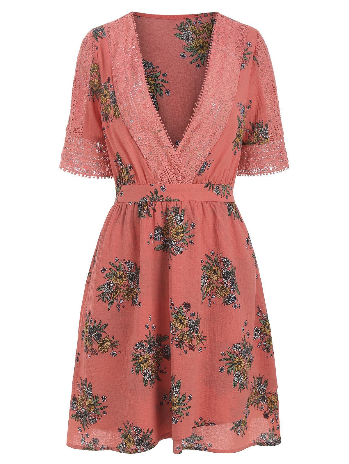 

Lace Panel Printed Mini Dress, Light coral