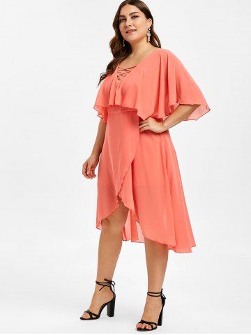 

Flounce Lattice Plus Size Asymmetrical Dress, Pink