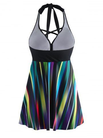 

Halter Neck Plus Size Striped Panel Tankini Set, Black