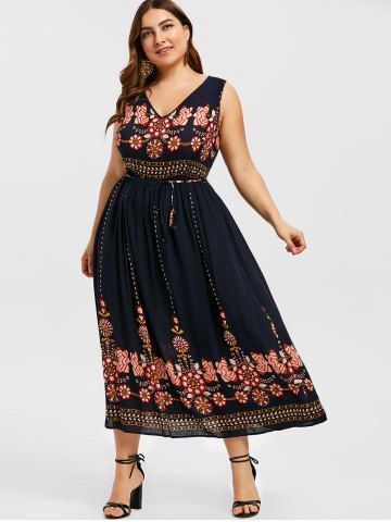 

Belted Sleeveless Printed Plus Size Dress, Cadetblue