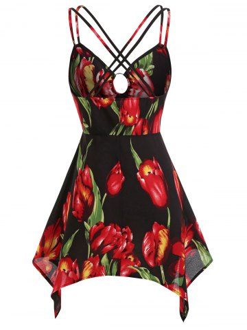 

Plus Size Criss Cross Floral Handkerchief Tank Top, Black