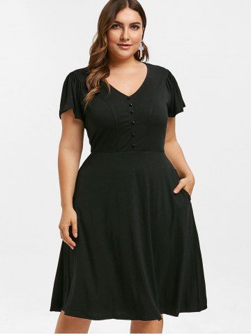 

V Neck Plus Size Button Embellished A Line Dress, Black
