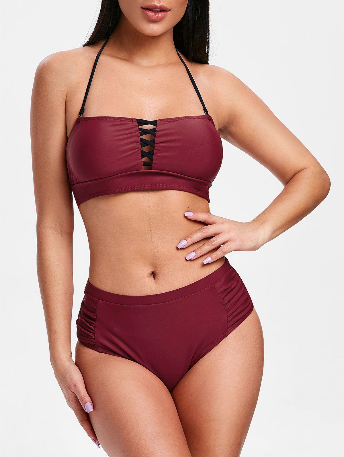 

Criss Cross Ruched Bikini Set, Red wine