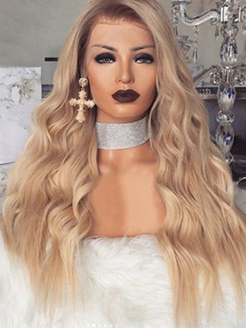 

Long Wavy Synthetic Center Part Wig with Front Lace, Champagne gold