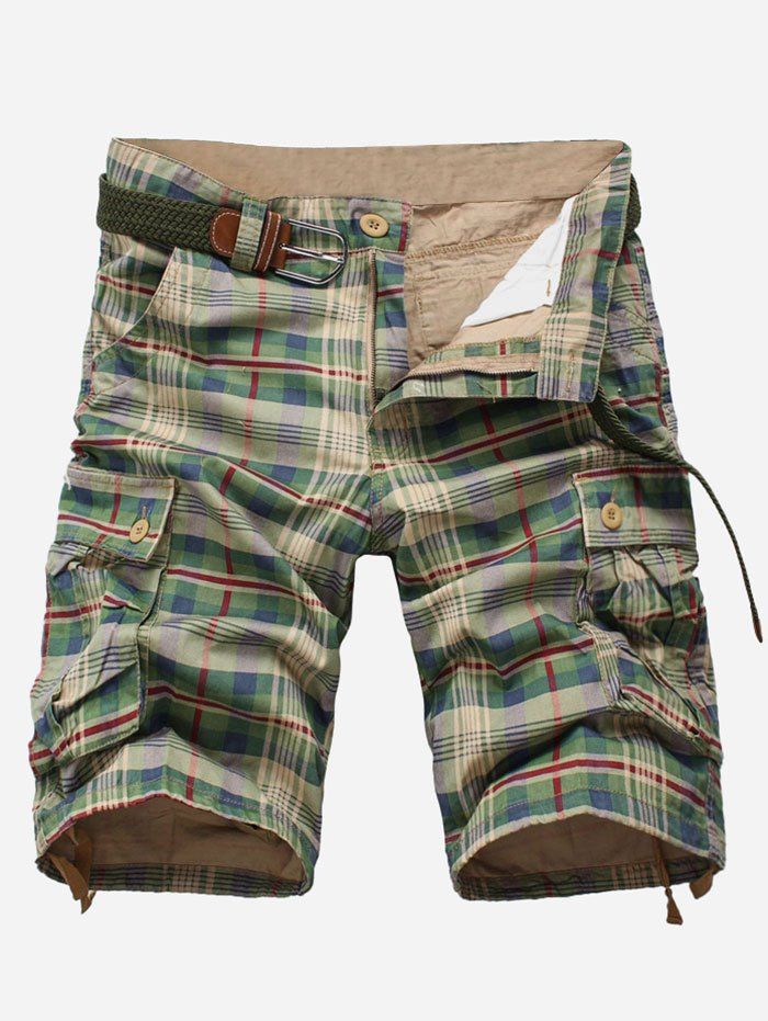 

Plaid Print Zipper Fly Cargo Shorts, Green peas