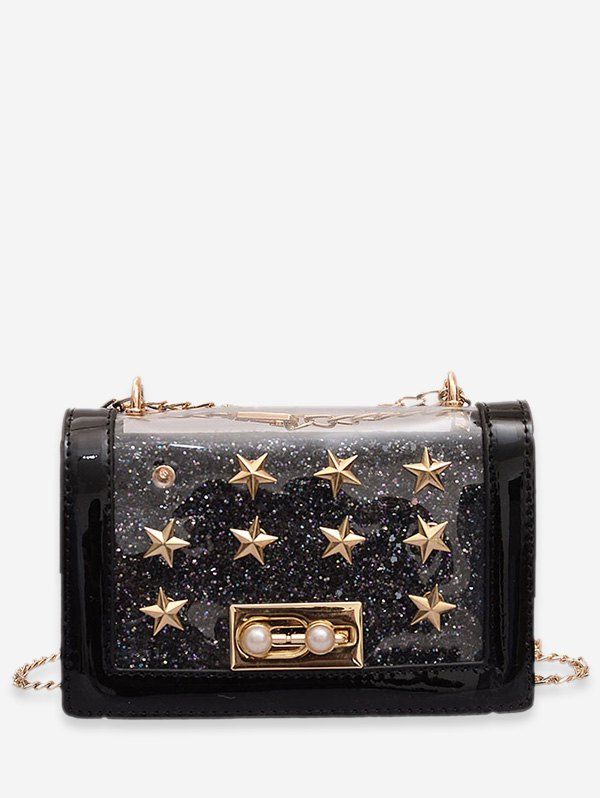 

Faux Pearl Star Design Crossbody Bag, Black