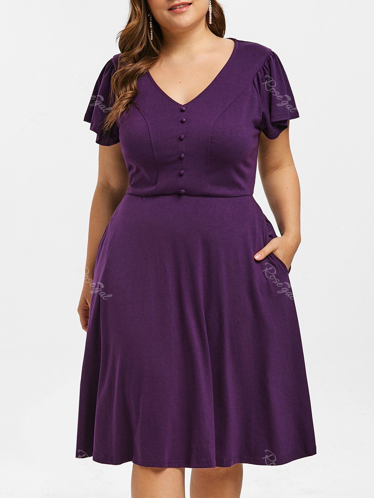 

V Neck Plus Size Button Embellished A Line Dress, Purple