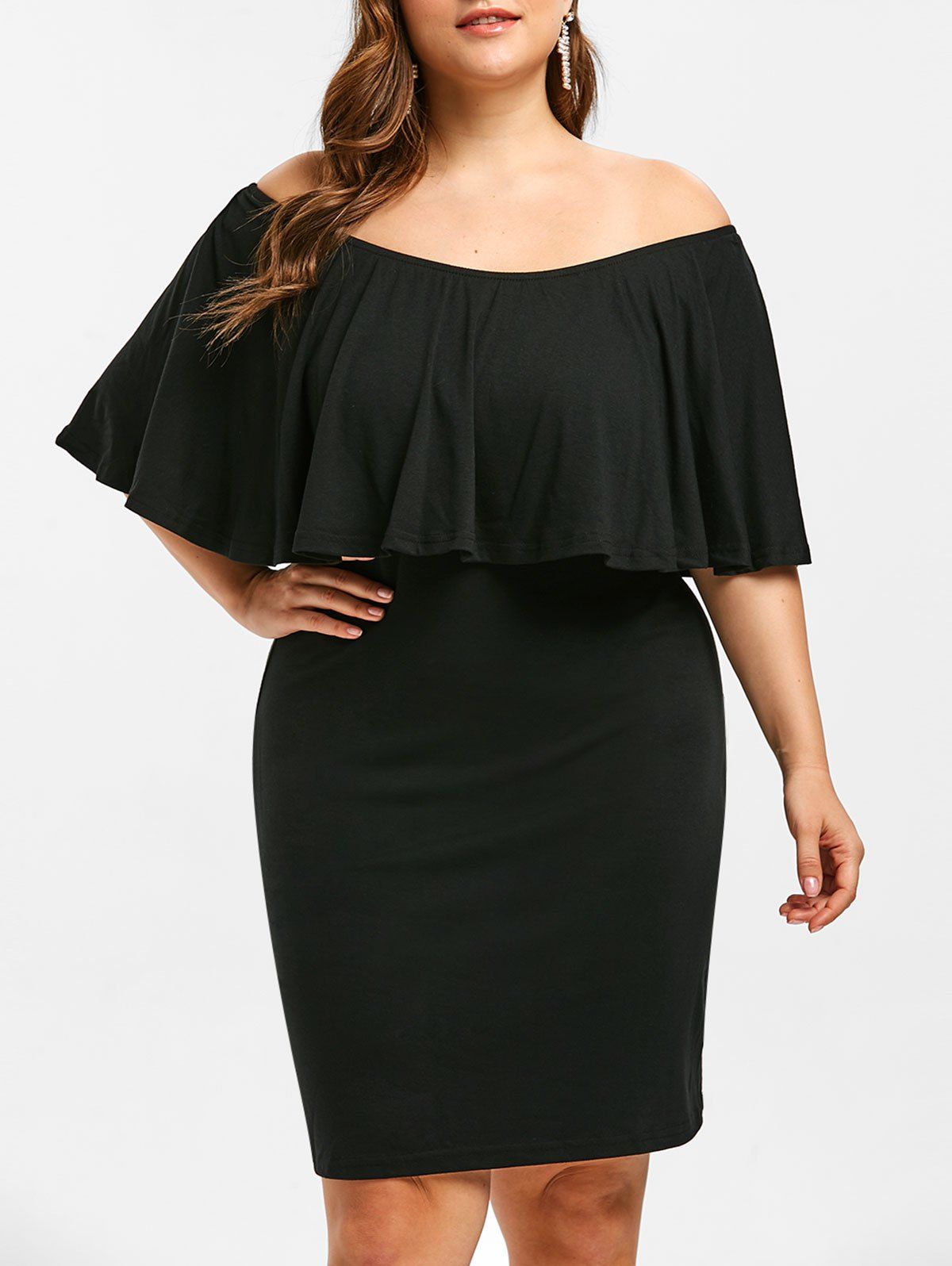 

Off The Shoulder Plus Size Ruffle Trim Bodycon Dress, Black