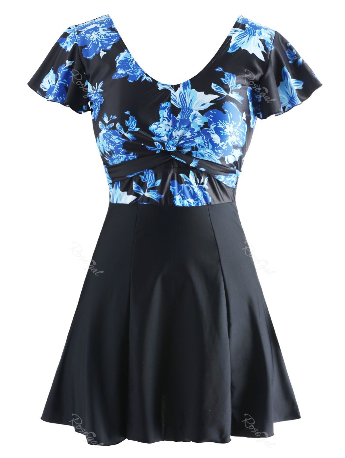 

Plus Size Twist Floral Skirted Tankini Set, Blue