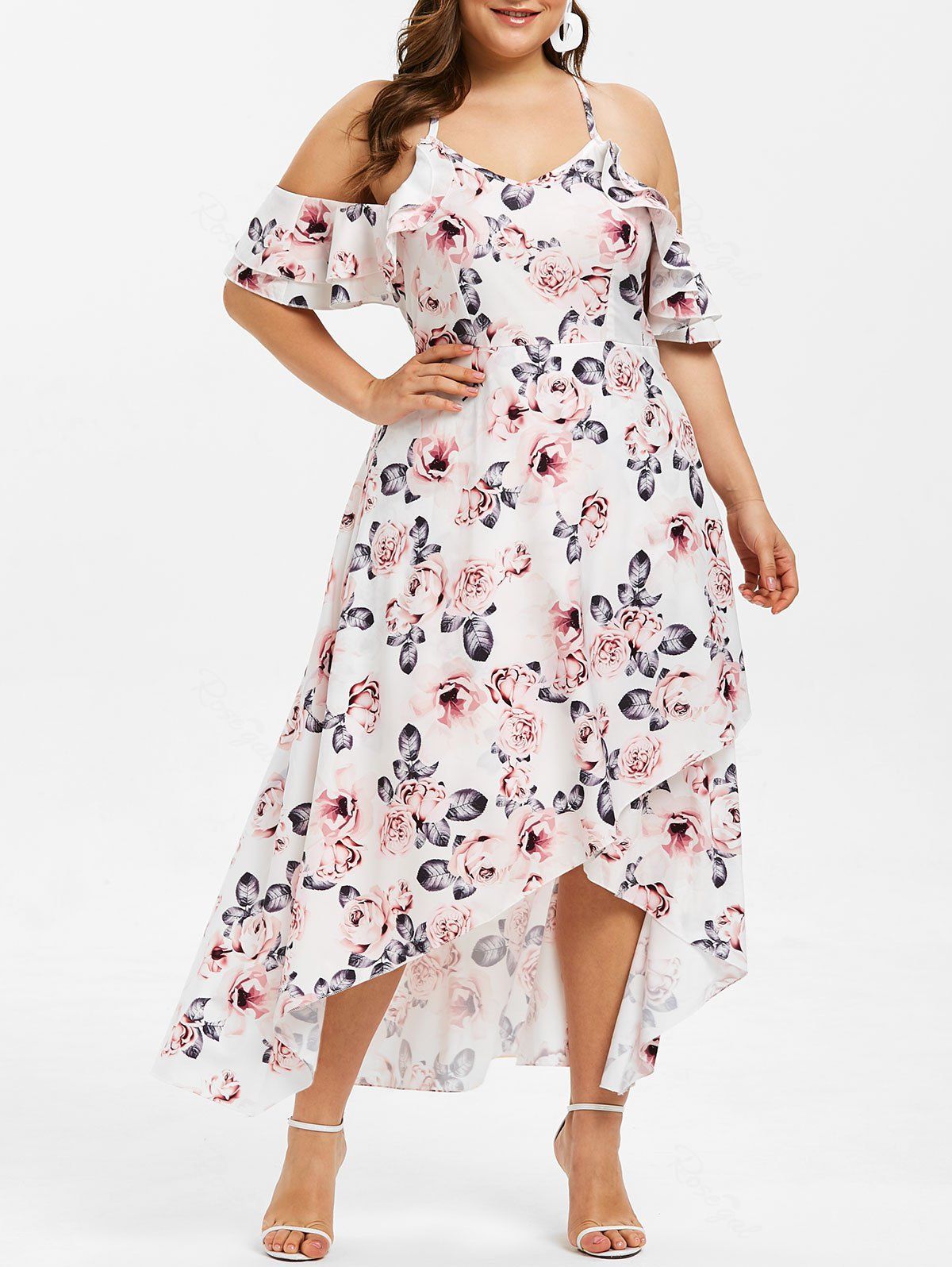 

Floral Print Plus Size Ruffle Trim Asymmetrical Dress, White