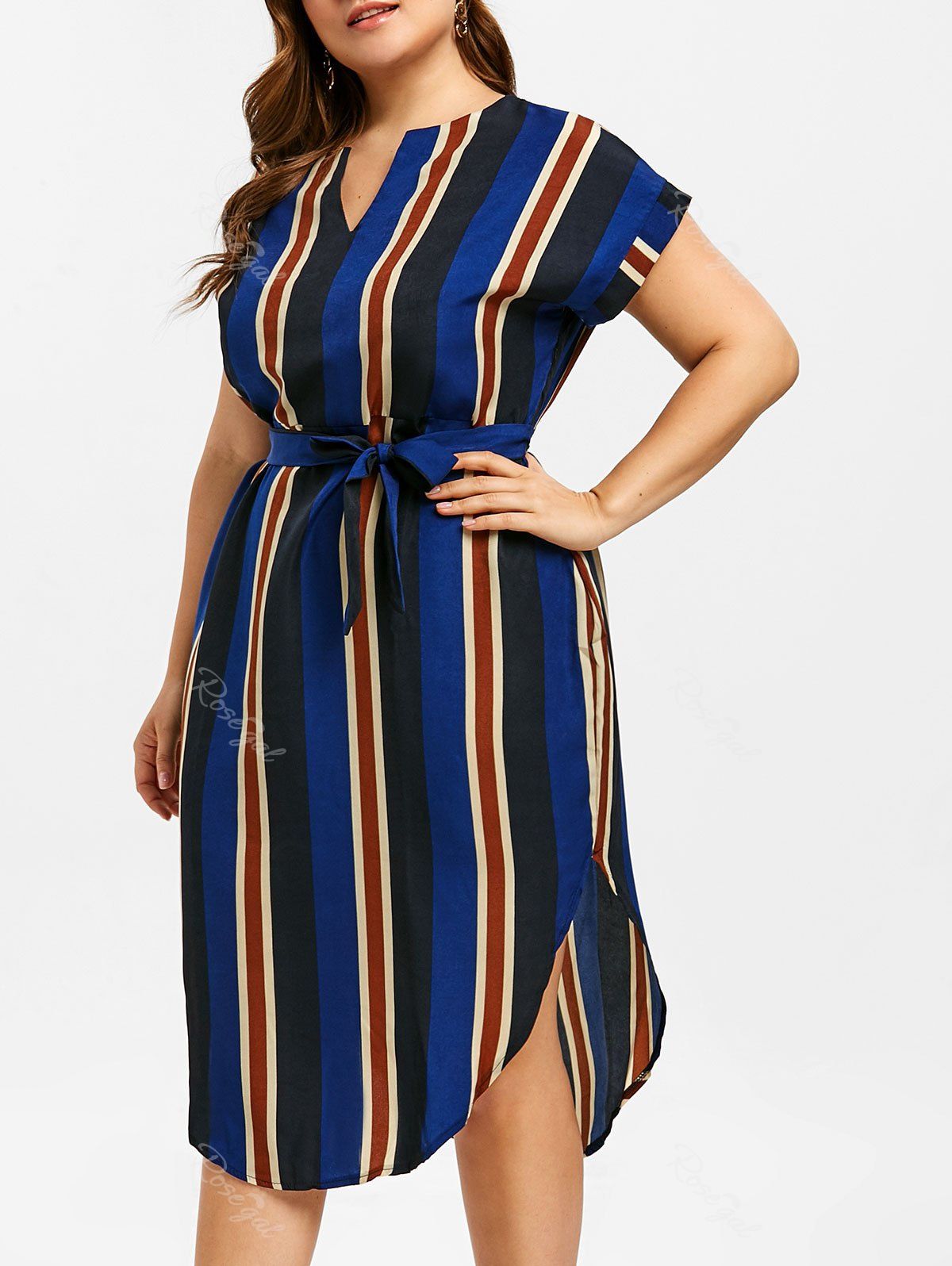 

Striped Belted Plus Size Midi Dress, Lapis blue